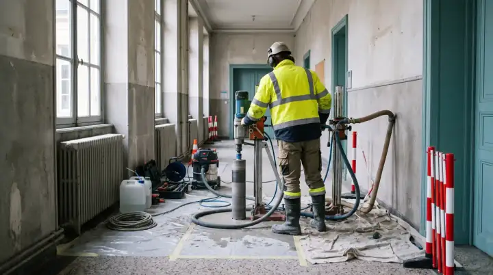 Carottage au diamant dans un couloir de bâtiment public, sol protégé et zone bâchée