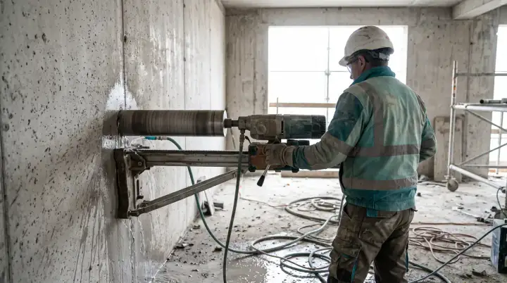 Opérateur en train de fixer une carotteuse sur rail contre un mur en béton armé