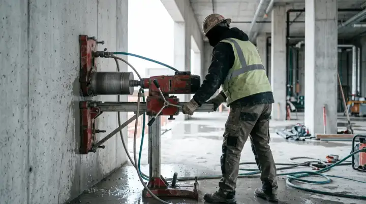 Carotteuse professionnelle Tyrolit fixée sur bâti mural en chantier