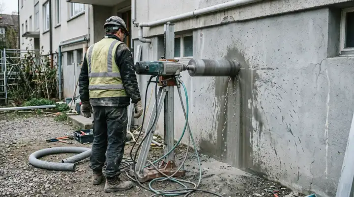 Carottage en cours dans un mur extérieur en béton, gaine de climatisation posée à côté