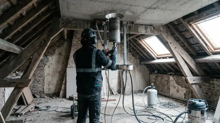 Carottage d'une dalle de combles pour passage de conduit de poêle