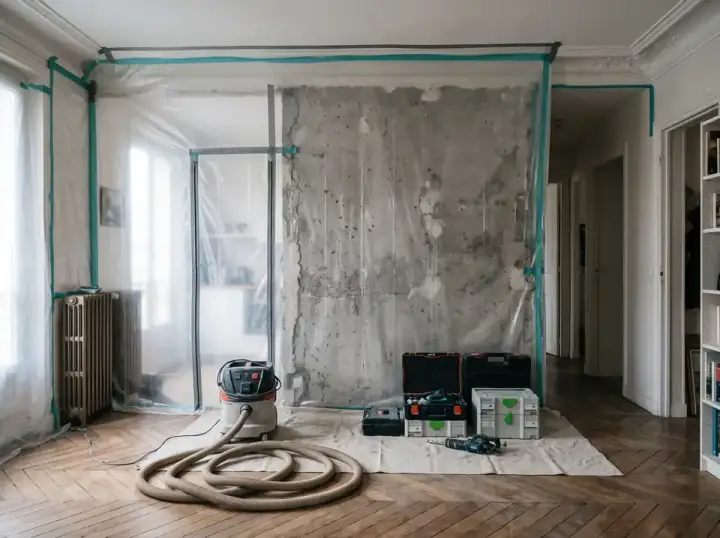 Zone de travail bâchée et protégée avant carottage en maison habitée