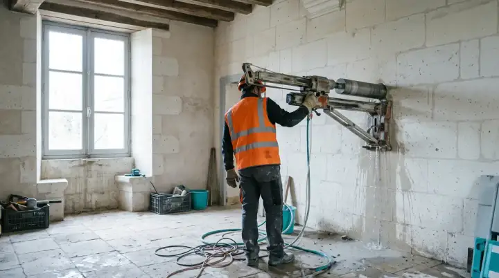 Carottage diamant dans un mur épais en pierre calcaire d'une maison ancienne du Loiret