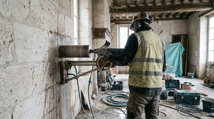 Carottage diamant dans un mur épais en pierre calcaire d'une maison ancienne du centre d'Orléans