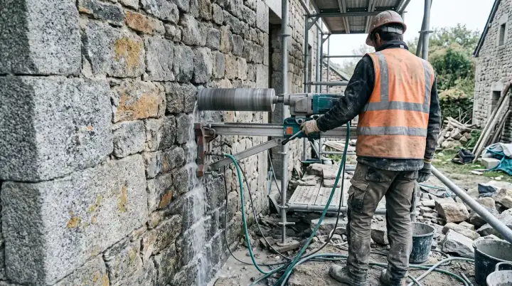 Carottage diamant dans un mur épais en granite gris du Limousin, eau de refroidissement visible, opérateur de dos