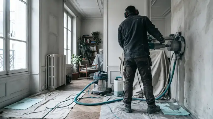 Carottage au diamant dans un mur de maison habitée, sol protégé et zone bâchée