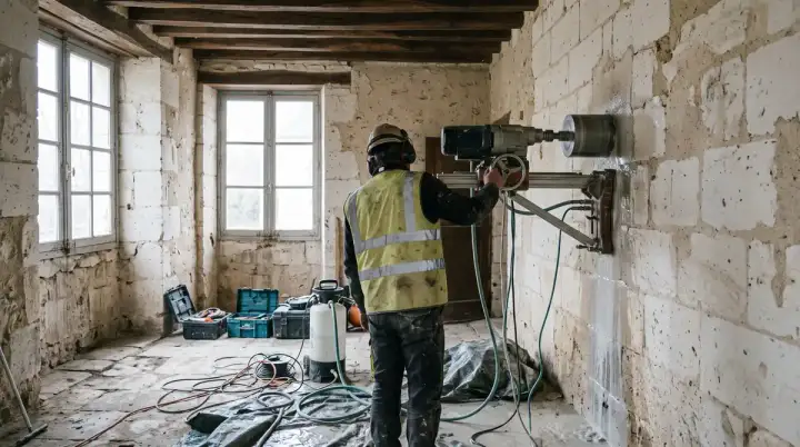 Carottage au diamant dans un mur en tuffeau blanc, maison ancienne du Val de Loire près de Blois