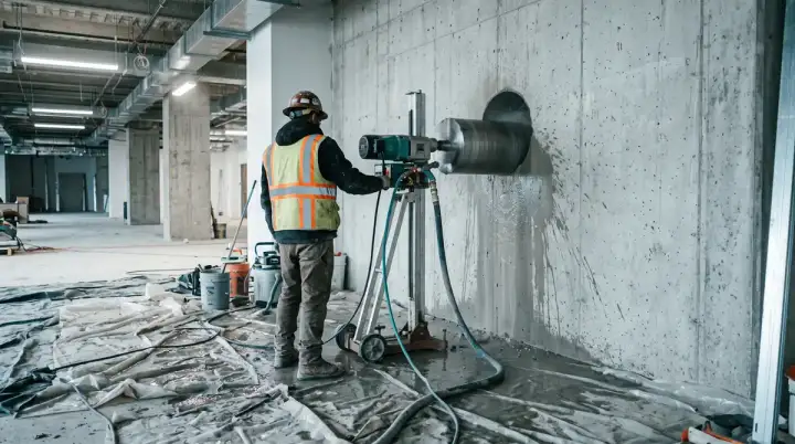Carottage d'un mur béton pour passage de réseau dans un immeuble de bureaux