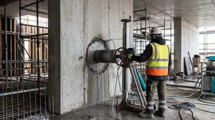 Carottage d'un voile en béton armé sur chantier de construction