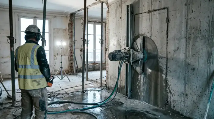 Scie murale sur rail découpant un voile en béton armé pour créer une porte, étaiement en arrière-plan