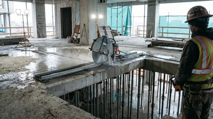 Sciage au diamant d'une dalle béton armée pour création de trémie d'escalier