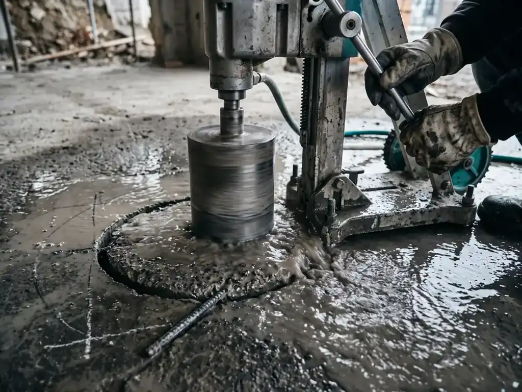 Carottage d'angle dans une dalle béton avant sciage de trémie