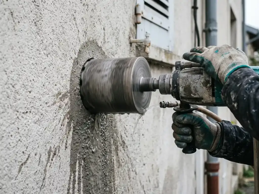 Percement dans un mur extérieur en béton pour passage de liaison frigorifique de climatisation