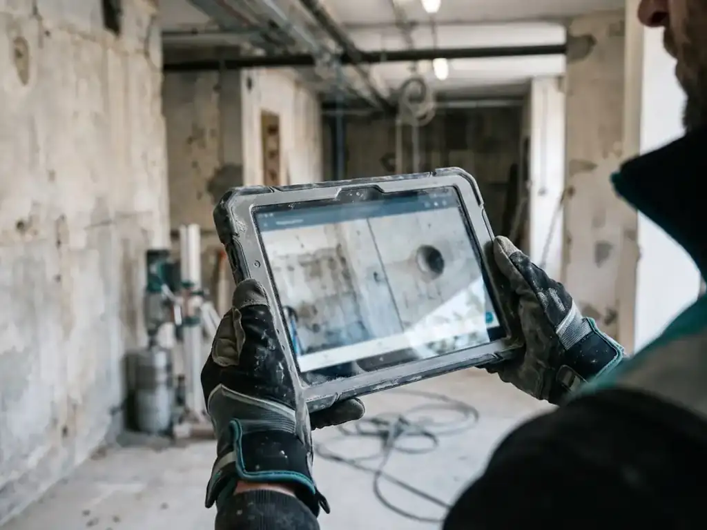 Technicien remettant un compte rendu photo sur tablette à un interlocuteur de service technique