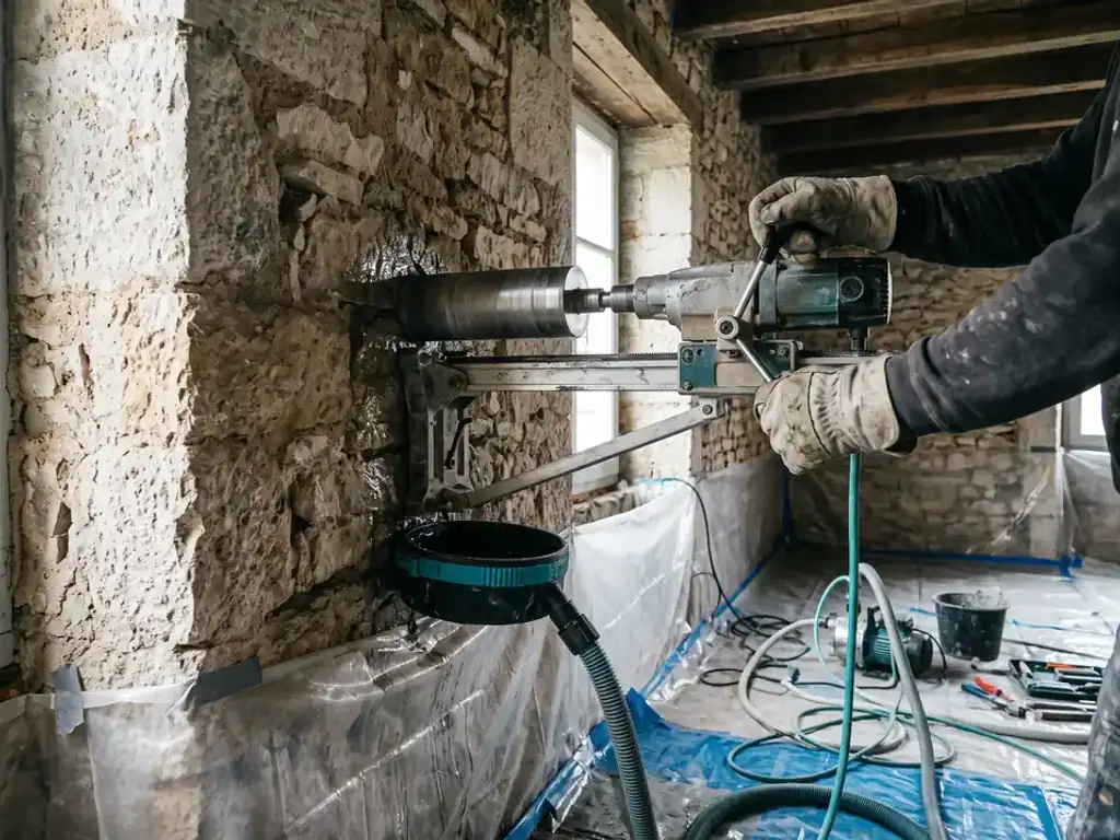 Percement d'un mur en pierre pour conduit, zone bâchée et sol protégé