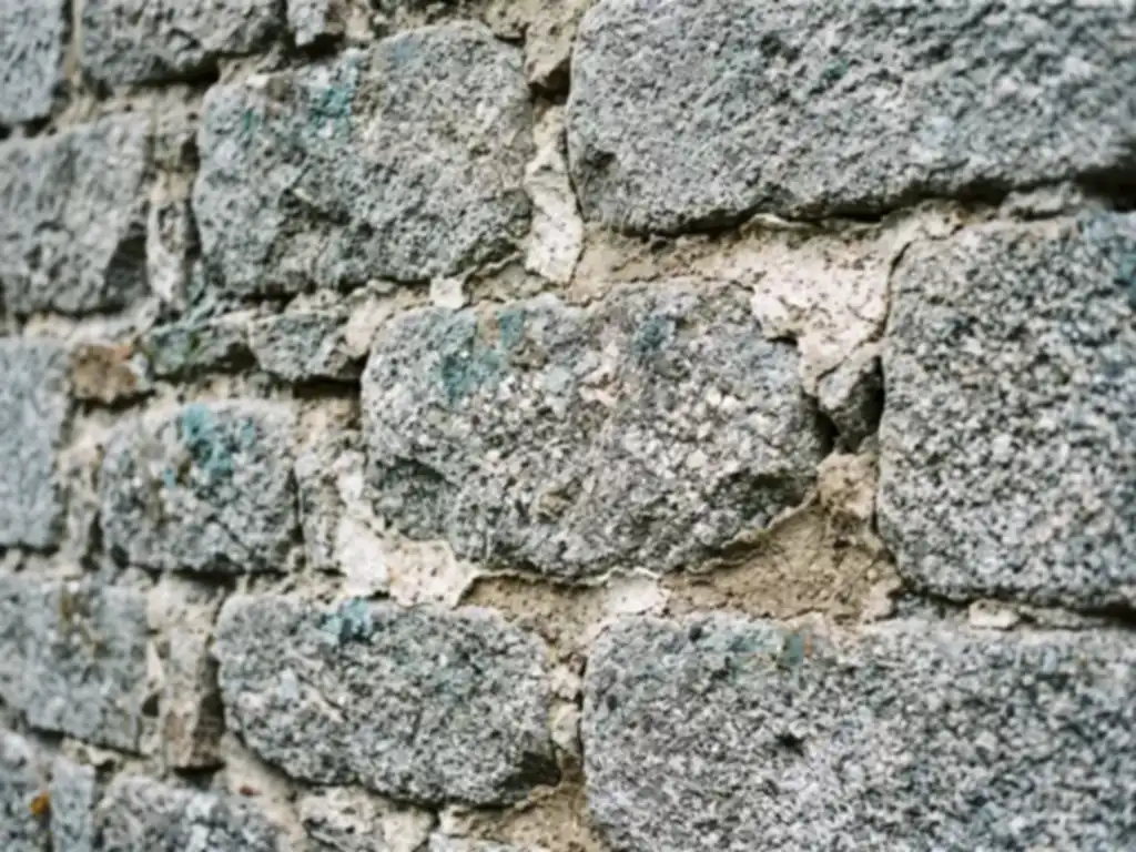 Détail d'un mur traditionnel en granite appareillé de Haute-Vienne, joints au mortier de chaux, patine ancienne