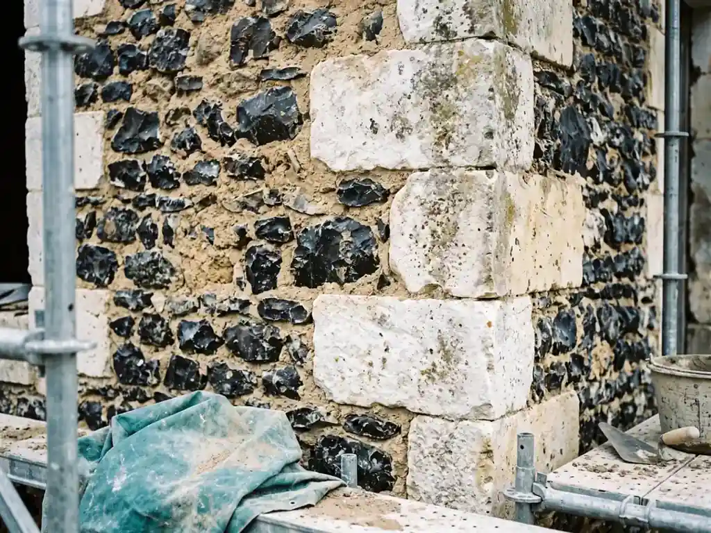 Détail d'un mur traditionnel en silex noir et chaînes de calcaire blanc typique du Pays Chartrain