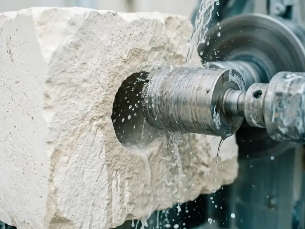 Détail d'un carottage dans un mur en tuffeau calcaire blanc