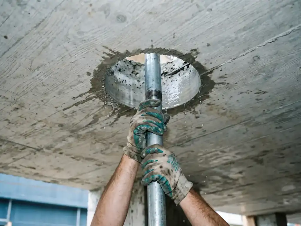 Percement dans une dalle béton pour réseau sprinkler de protection incendie