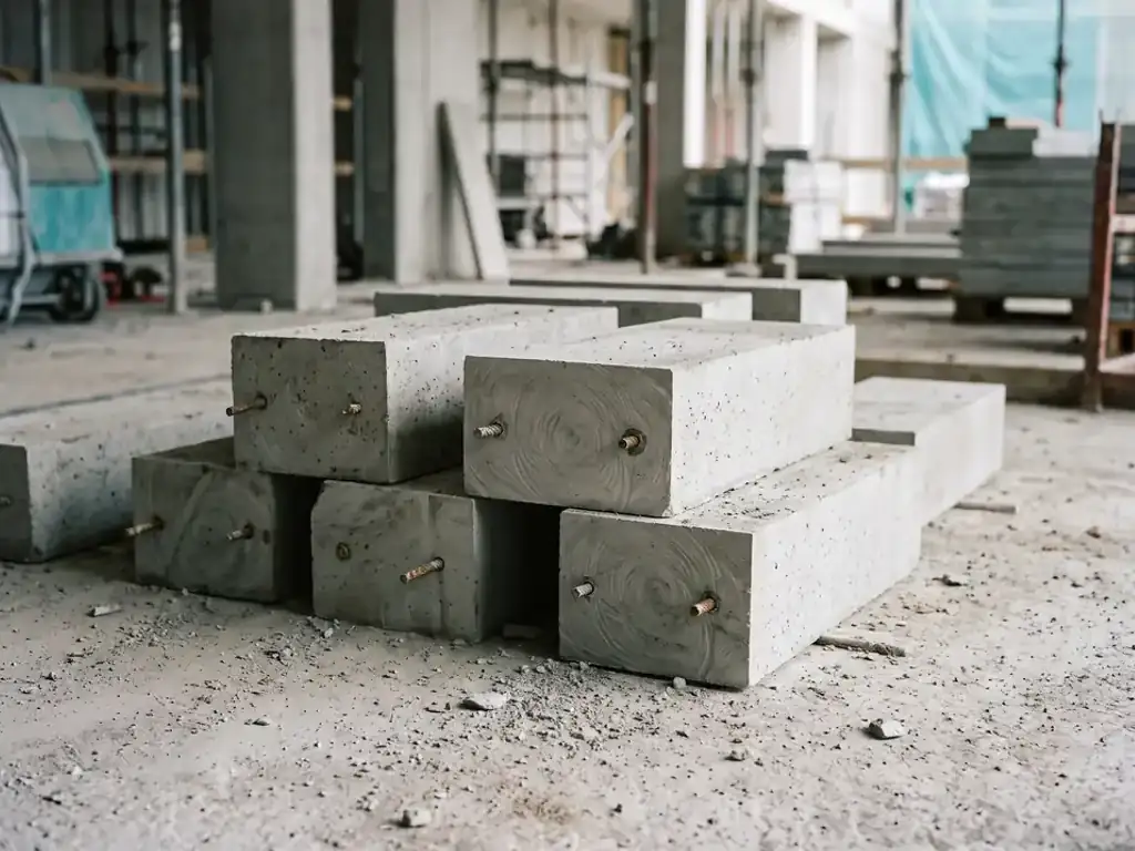 Blocs de béton découpés aux faces nettes posés au sol après sciage diamant