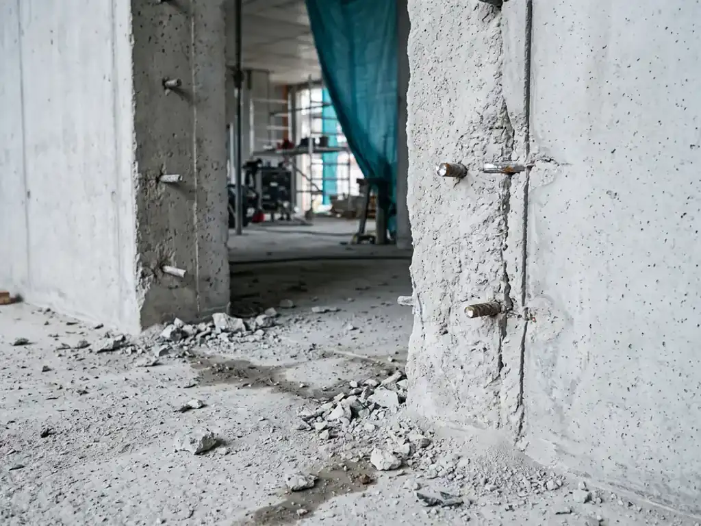 Ouverture de porte fraîchement découpée dans un voile béton armé, arêtes nettes et aciers apparents