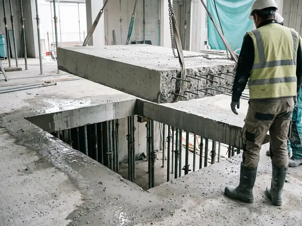Blocs de béton découpés extraits d'une trémie de dalle